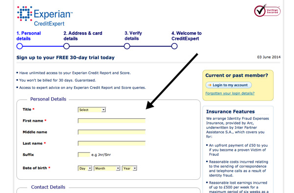 Completing personal details on the Credit Expert website