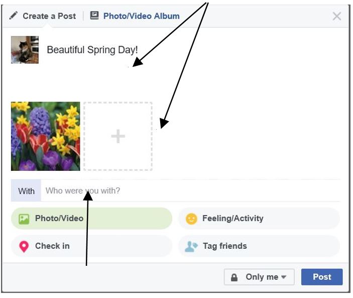 click on the plus sign to add a new photo to your post 